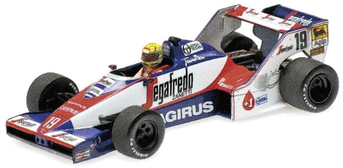 TOLEMAN HART TG183B #19 AYRTON SENNA - 2ND PLACE BRAZILIAN GP 1984 - DIRTY VERSION hvid/blå/rød 1:43