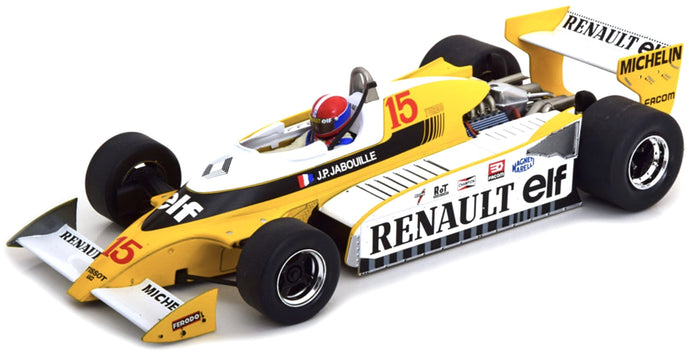RENAULT F1 RS10 TEAM RENAULT ELF N 15 POLE POSITION AND WINNER FRANCE GP (with pilot figure) 1979 JEAN PIERRE JABOUILLE WITH SHOWCASE YELLOW WHITE 1:18