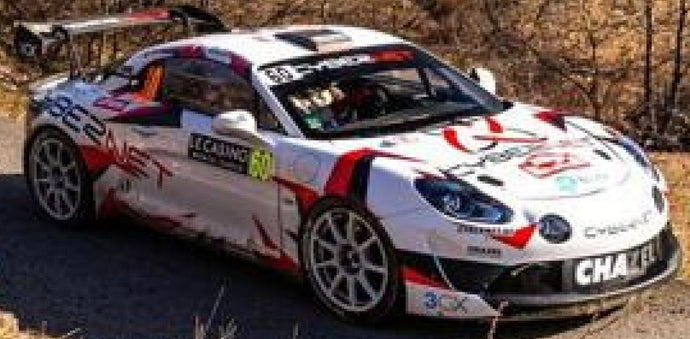 RENAULT ALPINE A110 RGT TEAM CHAZEL TECHNOLOGIES COURSE N 60 4th RGT RALLY MONTECARLO 2024 ARMAND FUMAL - JULES ESCARTEFIGUE WHITE BLACK 1:43