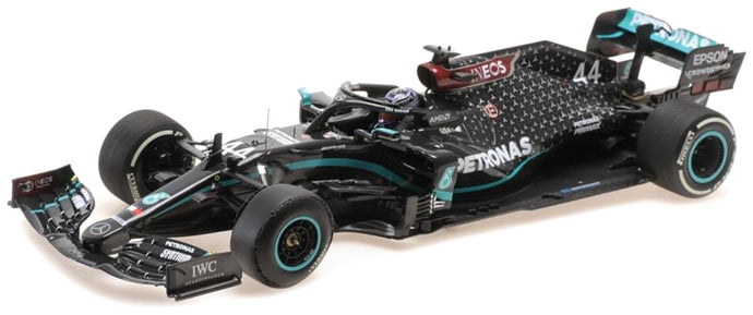 MERCEDES GP F1 W11 EQ PERFORMANCE TEAM AMG PETRONAS MOTORSPORT N 44 WORLD CHAMPION WINNER SILVERSTONE BRITISH GP (with flat tire) 2020 LEWIS HAMILTON BLACK GREEN 1:18