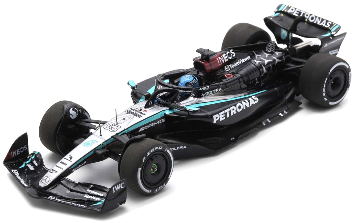 MERCEDES GP F1 W15 EQ PERFORMANCE TEAM AMG PETRONAS MOTORSPORT N 63 BAHRAIN GP 2024 GEORGE RUSSELL BLACK SILVER GREEN 1:43