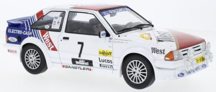 FORD ENGLAND ESCORT MKIII RS TURBO (night version) N 7 RALLY HASPENGOUW 1985 STIG ANDERVANG - ANDRE SCHOONENWOLF WHITE BLUE RED 1:18