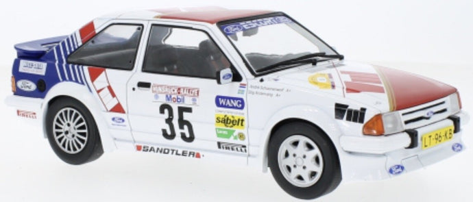 FORD ENGLAND ESCORT MKIII RS TURBO N 35 RALLY HUNSRUCK 1985 STIG ANDERVANG - ANDRE SCHOONENWOLF WHITE RED BLUE 1:18