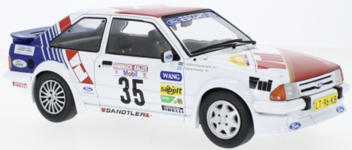 FORD ENGLAND ESCORT MKIII RS TURBO N 35 RALLY HUNSRUCK 1985 STIG ANDERVANG - ANDRE SCHOONENWOLF WHITE RED BLUE 1:18