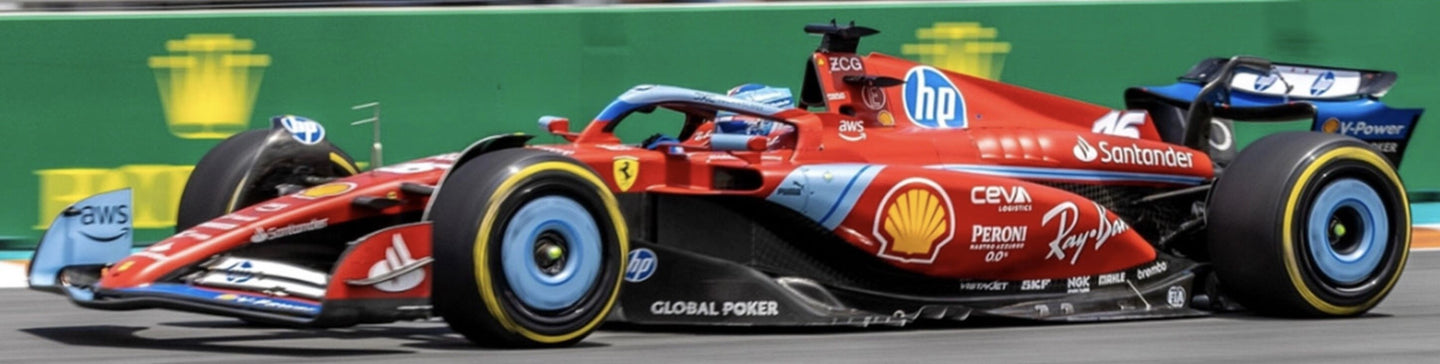 FERRARI F1 SF-24 TEAM SCUDERIA FERRARI N 16 3rd MIAMI GP 2024 CHARLES LECLERC WITH SHOWCASE RED BLACK LIGHT BLUE 1:18