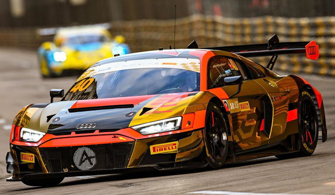AUDI R8 LMS GT3 TEAM AUDI SPORT ASIA ABSOLUTE N 40 2nd FIA GT WORLD CUP MACAU 2023 EDOARDO MORTARA ORANGE GOLD BLACK 1:18