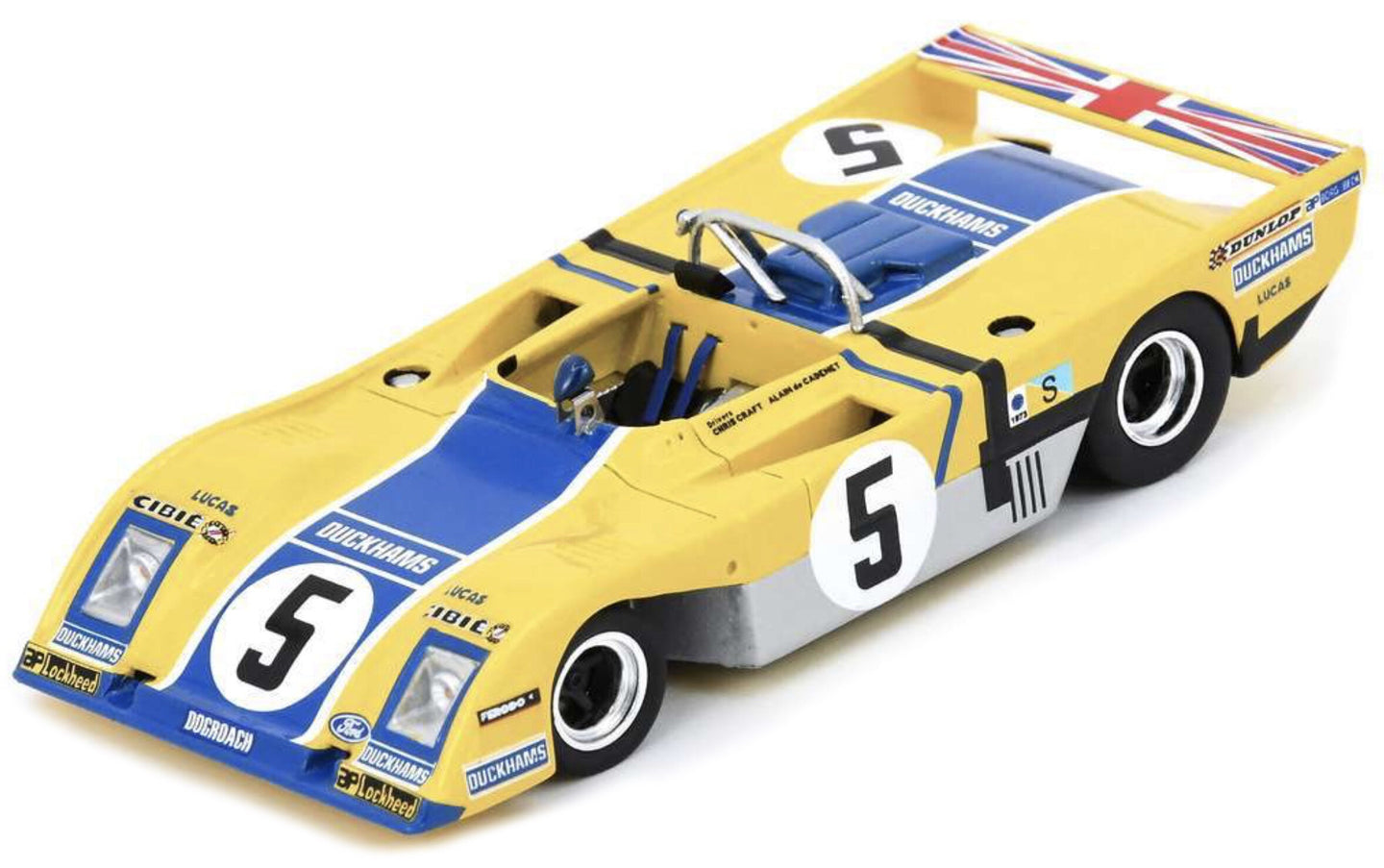 DUCKHAMS LM72 3.0L V8 TEAM DUCKHAMS OIL MOTOR RACING N 5 24h LE MANS 1973 ALAIN DE CADENET - CHRIS CRAFT YELLOW BLUE 1:43