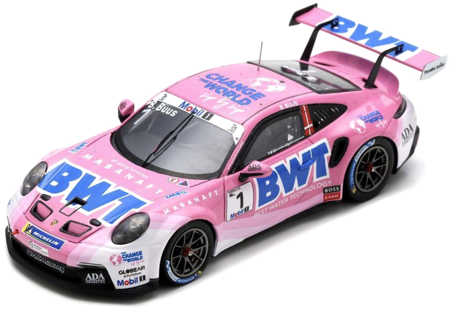 Porsche 911 GT3 CUP #1 BASTIAN BUUS - PORSCHE SUPERCUP CHAMPION 2023 lyserød/hvid/blå 1:43