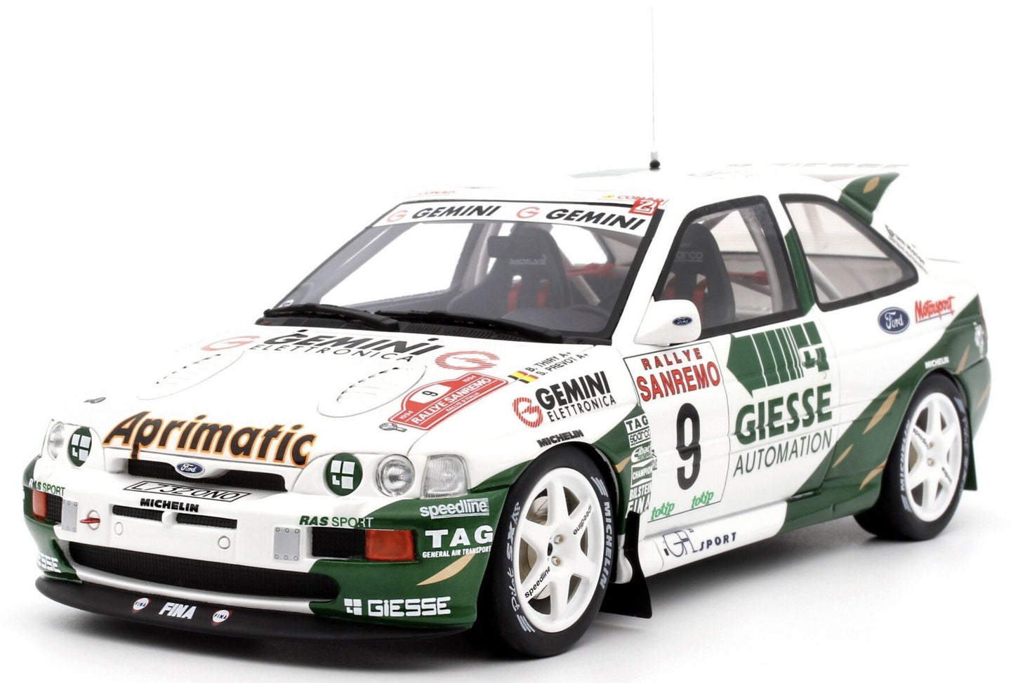 FORD ENGLAND ESCORT COSWORTH Gr.A TEAM GIESSE N 9 4th RALLY SANREMO 1994 BRUNO THIRY - STEPHANE PREVOT WHITE GREEN 1:18