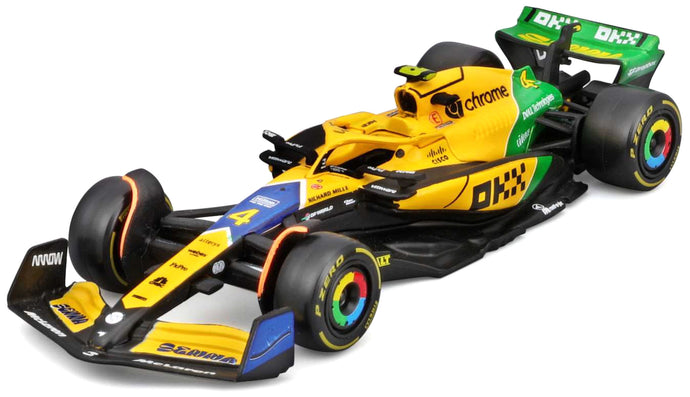 Mclaren MCL 38 #4 LANDO NORRIS 4th MONACO GP - SENNA 30th ANNIVERSARY LIVERY 2024 gul/grøn/blå 1:43 fra Burago