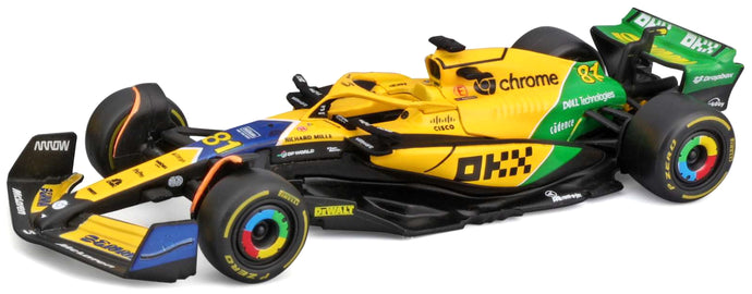 Mclaren MCL 38 #81 OSCAR PIASTRI 2nd MONACO GP - SENNA 30th ANNIVERSARY LIVERY 2024 gul/grøn/blå 1:43 fra Burago