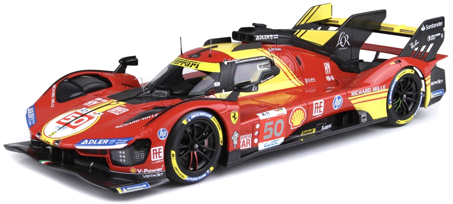 FERRARI 499P 3.0L TURBO V6 TEAM FERRARI AF CORSE N 50 WINNER 24h LE MANS 2024 ANTONIO FUOCO - MIGUEL MOLINA - NICKLAS NIELSEN WITH SHOWCASE RED YELLOW BLACK 1:18