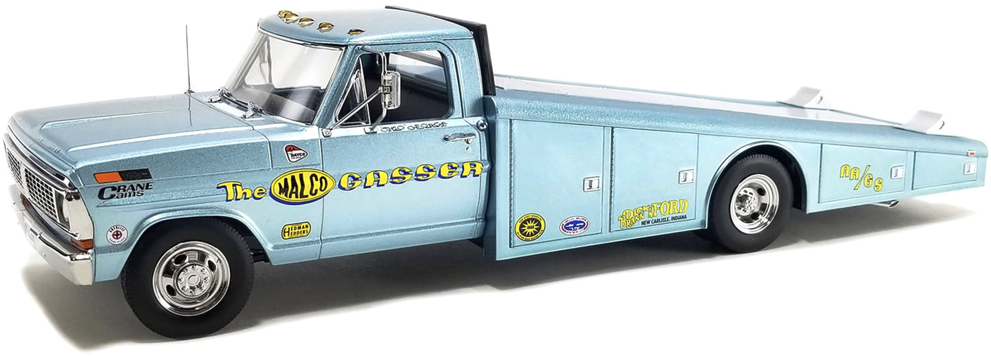 FORD USA F-350 TRUCK RAMP CAR TRANSPORTER MALCO GASSER 1970 LIGH BLUE MET 1:18