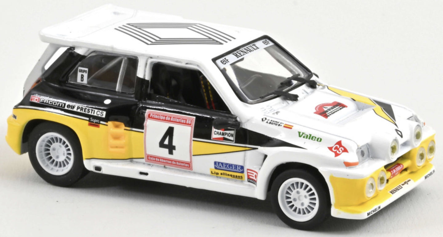 RENAULT R5 MAXI TURBO N 4 2nd RALLY PRINCIPE DE ASTURIAS RALLY 1986 CARLOS SAINZ - ANTONIO BOTO WHITE BLACK YELLOW 1:43