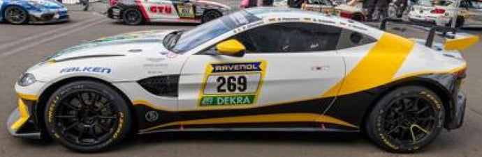 Aston Martin VANTAGE AMR GT4 #269 CHARLAIX/WEISHAR/SCHADLER/POSAVC 24H NURBURGRING 2024 hvid/gul/sort 1:43