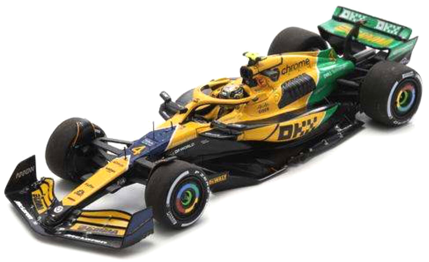Mclaren MCL 38 #4 LANDO NORRIS 4th MONACO GP - SENNA 30th ANNIVERSARY LIVERY 2024 gul/blå/grøn 1:43