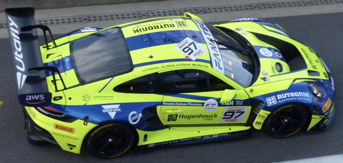 Porsche 911 GT3 R (992) #97 BLATTNER/RICHARD ROBICHON/MARSCHALL/HARTOG 24H SPA 2024 gul/blå 1:43