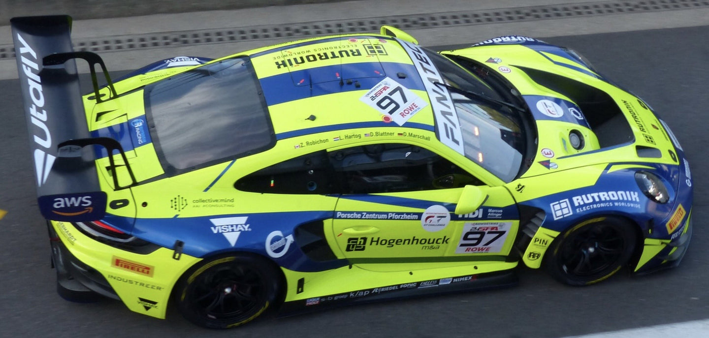 Porsche 911 GT3 R (992) #97 BLATTNER/RICHARD ROBICHON/MARSCHALL/HARTOG 24H SPA 2024 gul/blå 1:43