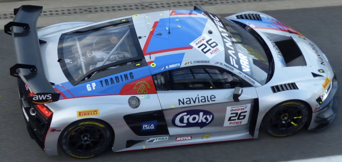 AUDI R8 LMS GT3 EVO II 5.2L V10 TEAM SAINTELOC RACING N 26 24h SPA 2024 ALBAN VARUTTI - GILLES STADSBADER - IVAN KLYMENKO - MARKUS PAVERUD SILVER BLUE RED 1:43