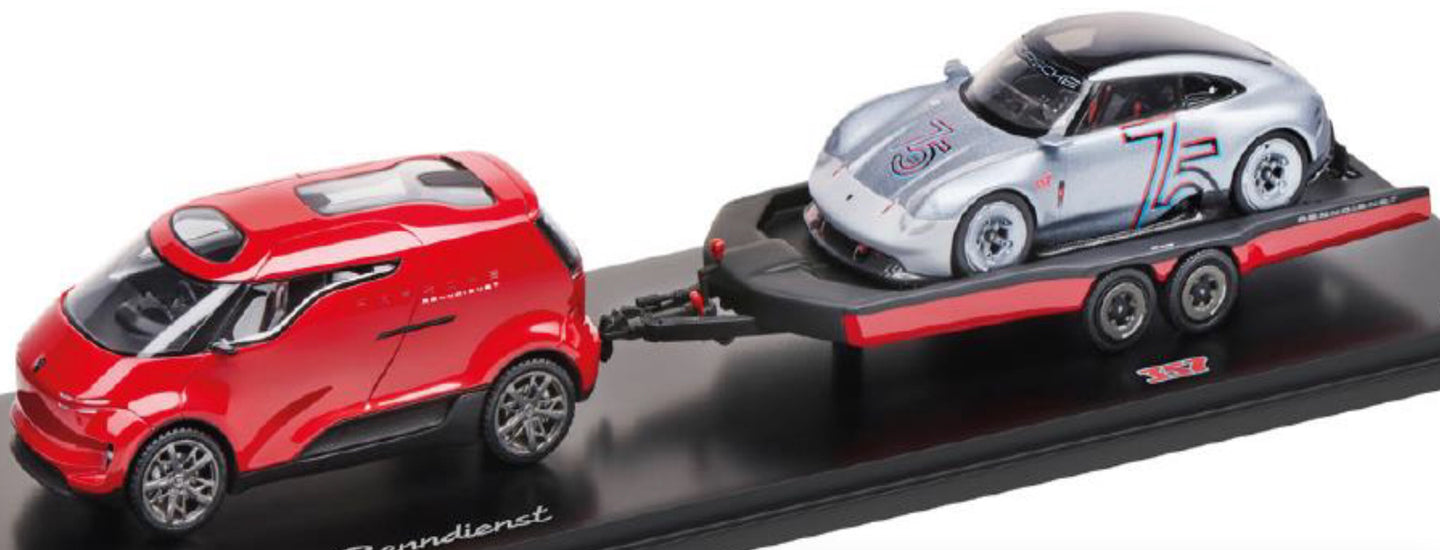PORSCHE SET 2X VISION RACING SERVICE VAN + 357 2023 - 75th ANNIVERSARY PORSCHE SPORTS CAR 1948-2023 RED 1:43