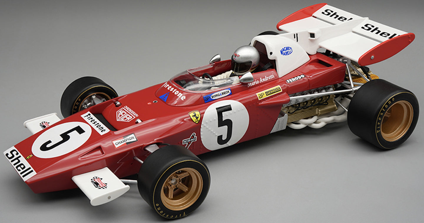 Ferrari 312 B2 F1 #5 MARIO ANDRETTI GERMAN GP 1971 + FIGUUR (with showcase) rød/hvid 1:18