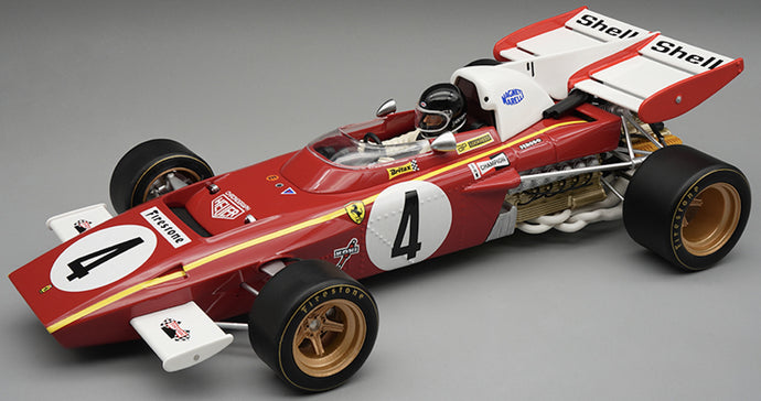 Ferrari 312 B2 F1 #4 JACKY ICKX MONACO GP 1971 + FIGUUR (with showcase) rød/hvid/gul 1:18