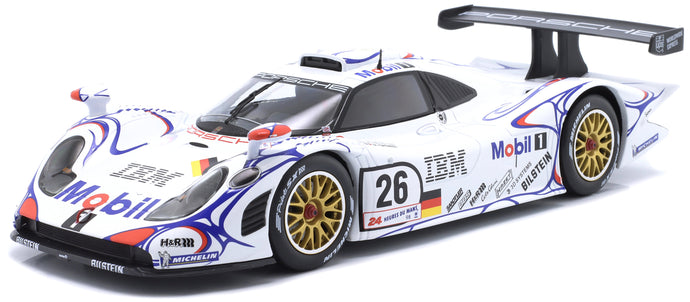 PORSCHE 911 GT1-98 3.2L TURBO TEAM PORSCHE AG MOBIL-1 N 26 WINNER 24h LE MANS 1998 ALLAN McNISH - LAURENT AIELLO - STEPHANE ORTELLI WHITE BLUE RED 1:18