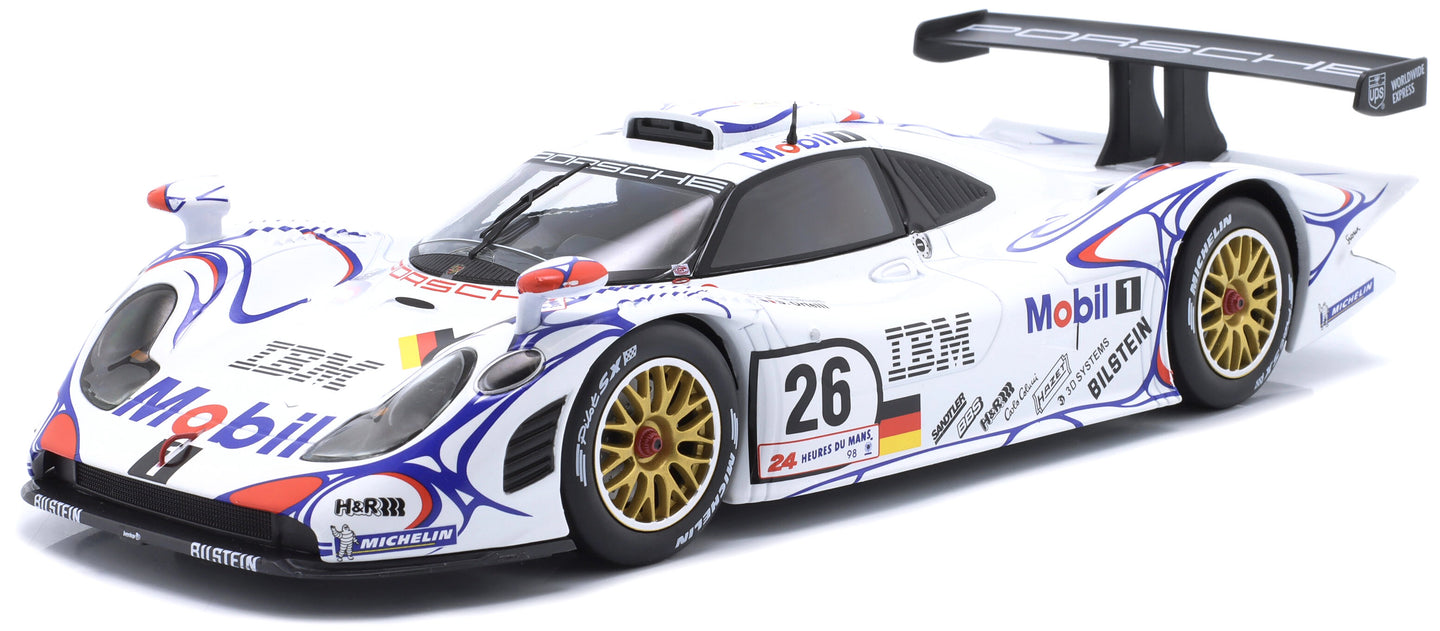 PORSCHE 911 GT1-98 3.2L TURBO TEAM PORSCHE AG MOBIL-1 N 26 WINNER 24h LE MANS 1998 ALLAN McNISH - LAURENT AIELLO - STEPHANE ORTELLI WHITE BLUE RED 1:18