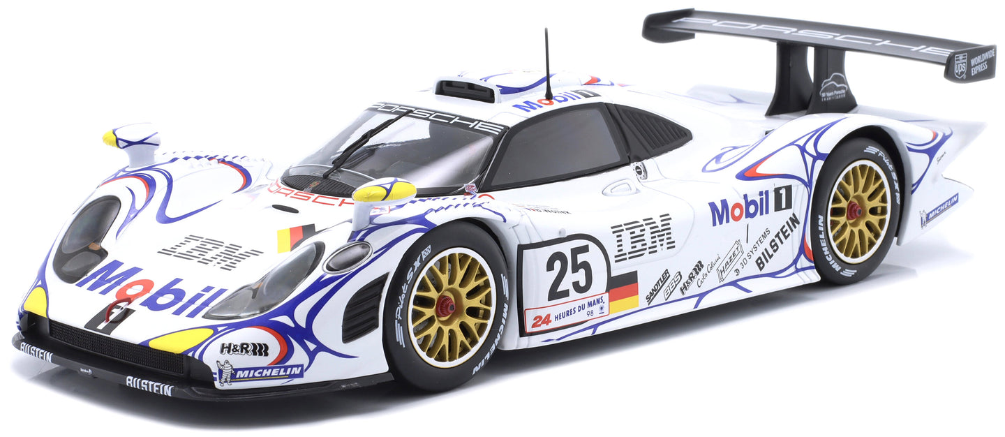 PORSCHE 911 GT1-98 3.2L TURBO TEAM PORSCHE AG MOBIL-1 N 25 2nd 24h LE MANS 1998 UWE ALZEN - JORG MULLER - BOB WOLLEK WHITE BLUE RED 1:18