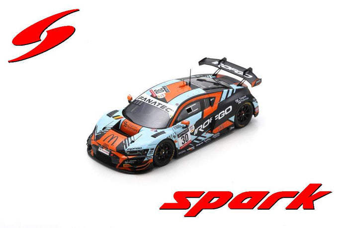 AUDI R8 LMS GT3 TEAM WRT N 30 WINNER SILVER CUP CLASS 24h SPA 2022 J.B.SIMMENAUER - B.GOETHE - T.NEUBAUER WHITE ORANGE BLACK 1:43