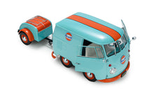 Indlæs billede til gallerivisning VOLKSWAGEN T1 VAN KOOL COMBI WITH TRAILER GULF OIL TRIBUTE 1950 LIGHT BLUE ORANGE 1:18