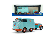 Indlæs billede til gallerivisning VOLKSWAGEN T1 VAN KOOL COMBI WITH TRAILER GULF OIL TRIBUTE 1950 LIGHT BLUE ORANGE 1:18
