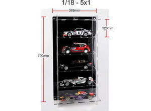 1:18 Acrylic Multicase for five 1/18 scale cars (5x1). Can be used either wall mount or desk-top. Package includes parts for wall mounting. Hand made scratch-resistant