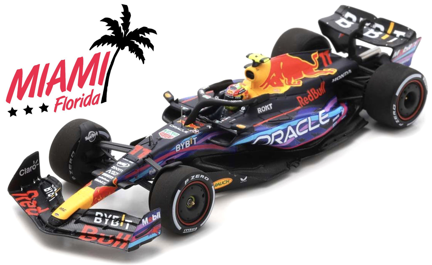 F1 RB19 TEAM ORACLE RED BULL RACING N 11 2nd MIAMI GP 2023 SERGIO PEREZ - WITH HELMET AND PLASTIC SHOWCASE - MATT BLUE